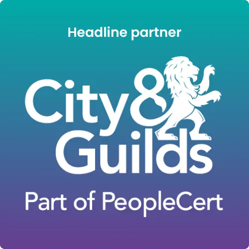 Headline partner badge: city & guilds logo with lion, gradient teal to purple, 'part of peoplecert'