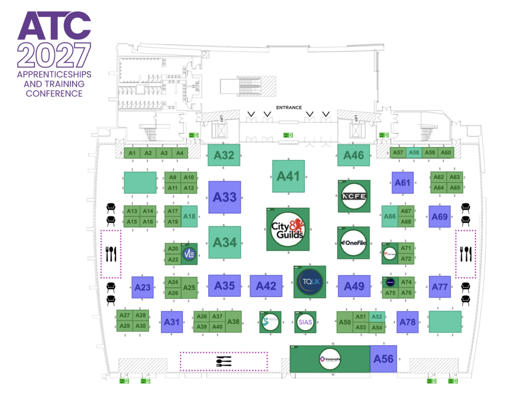 Floor plan of the atc 2027 apprenticeships and training conference showing booth layout with color-coded sections (green and blue) labeled a1–a80, logos, and an entrance area at the top center/left edge.