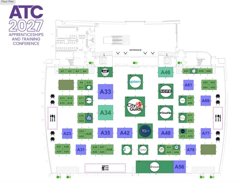 Floor plan for ATC 2027 Apprenticeships and Training Conference showing booth layout with numbered booths (A1–A77), company logos, and entrances.