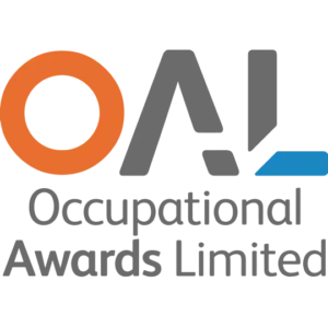 Logo for Occupational Awards Limited (OA!) with orange O, gray lettering, and a blue accent bar in the design.
