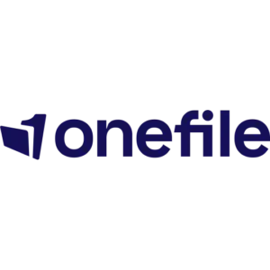 Onefile logo: a blue abstract mark to the left of the word 'onefile' in dark blue.